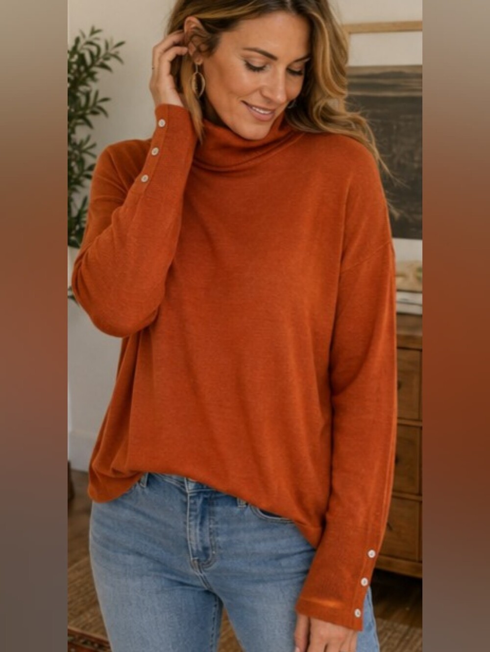 Relaxed Turtleneck Sweater with Button Cuffs - Rust Italian merino wool